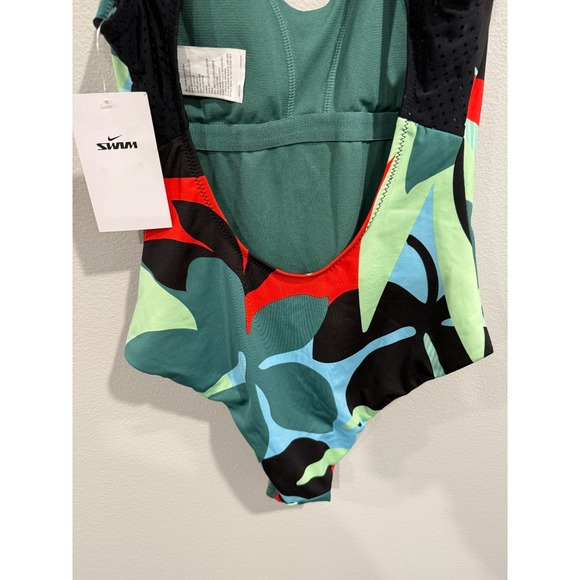 Nike Swimsuit Womens Small Black Green Swoosh Logo Keyhole Zipper Back One-Piece - Picture 3 of 9